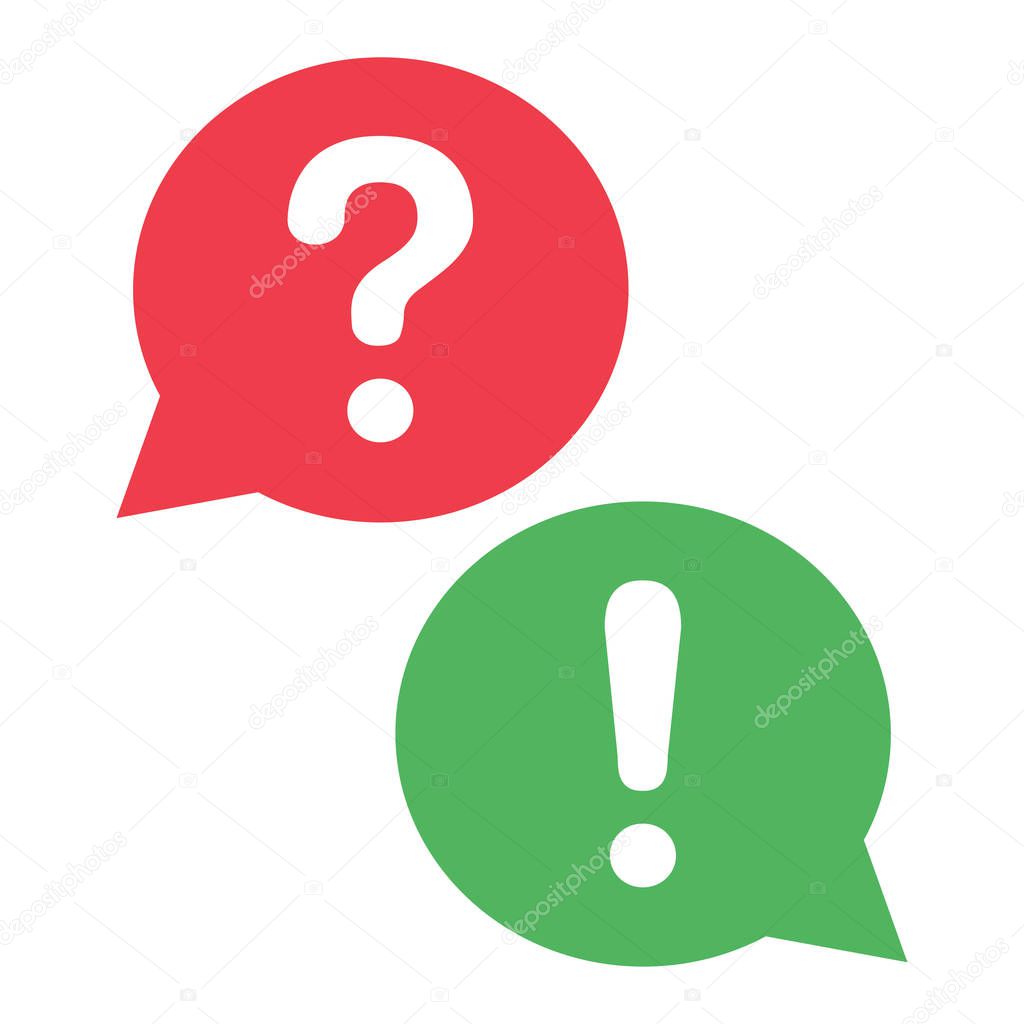 Red and green dialog boxes. Question mark and exclamation mark. Vector illustration