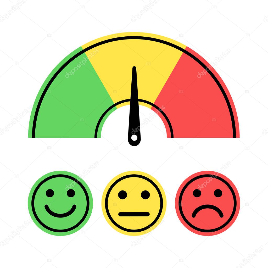 Scale with arrow from green to red and smileys. Colored scale of emotions. Measuring device icon sign. Vector illustration