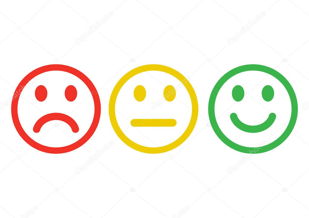 Red, yellow, green smileys emoticons icon negative, neutral and positive, different mood. Outline design. Vector illustration