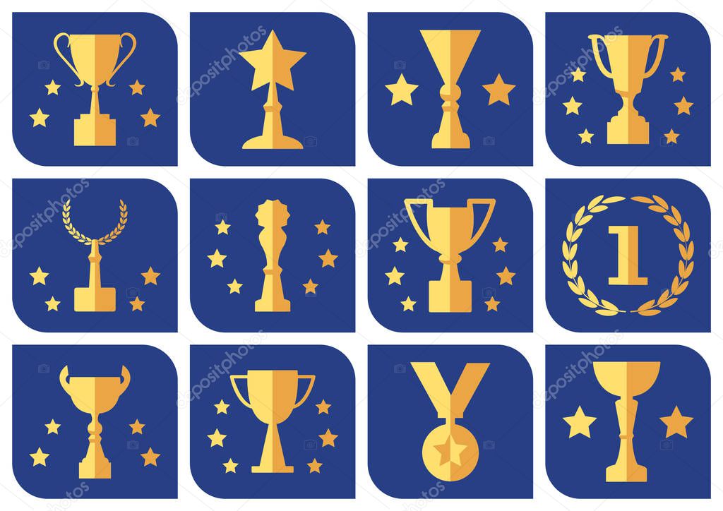 Awards and cups on a blue background, flat icons, vector set