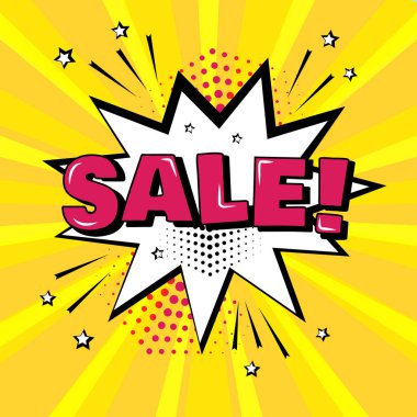 Satılık Word sarı zemin üzerine beyaz çizgi roman kabarcık. Komik ses efektleri pop sanat tarzı. Vektör çizim.