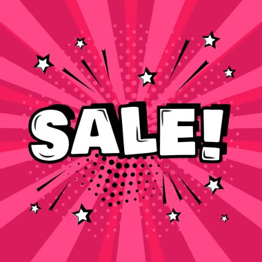 Pembe bir arka plan üzerinde yazıt satış. Komik ses efektleri pop sanat tarzı. Vektör çizim.