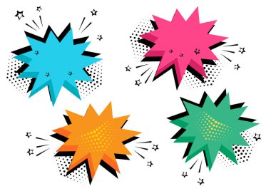 Metniniz için komik kabarcıklar renkli kümesi. Komik ses efektleri pop sanat tarzı. Ses kabarcık konuşma ile word ve komik karikatür ifade illüstrasyon geliyor. Vektör çizim.