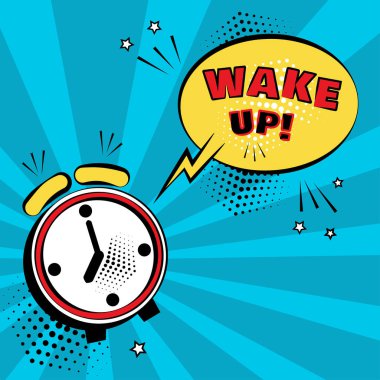 Çalar saat Wake Up kelime üzerinde mavi arka plan ile sarı çizgi roman balon. Komik ses efektleri pop sanat tarzı. Vektör çizim.