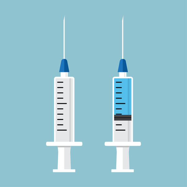 Empty syringe for injection and syringe with blue vaccine. Vector illustration