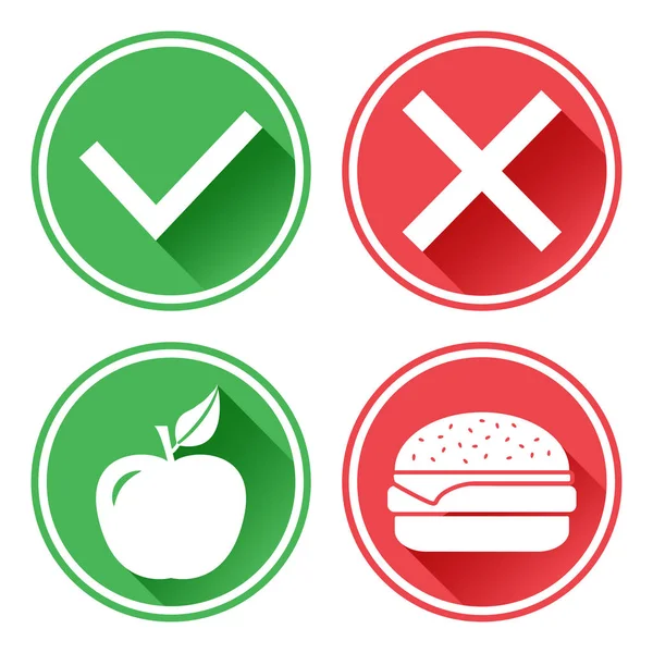 緑と赤のボタン アップルは チーズバーガー 不健全な食品や健康食品の選択肢 善と悪 ベクトル図 — ストックベクタ
