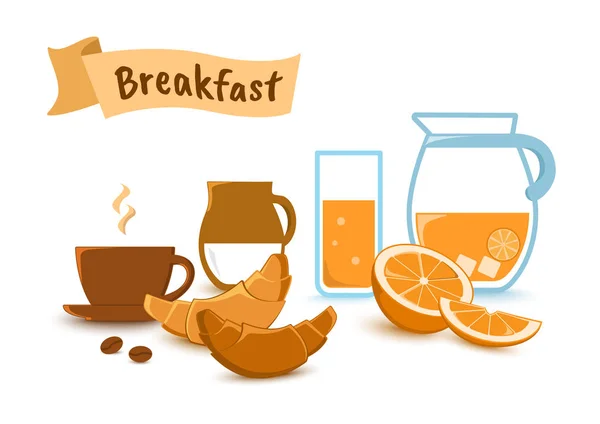 Tazza Caffè Latte Croissant Succo Arancia Set Colazione Illustrazione Vettoriale — Vettoriale Stock