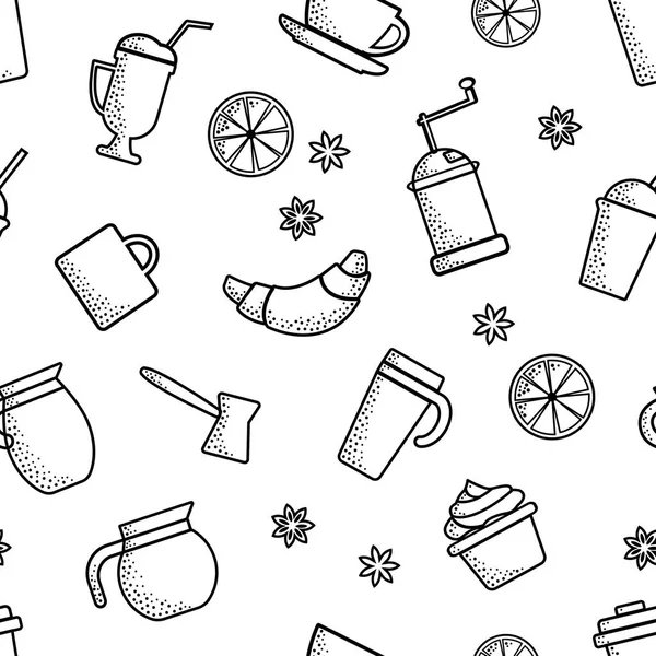 コーヒーをテーマにシームレス パターン 概略設計 白の背景に黒のオブジェクト ベクトル図 — ストックベクタ