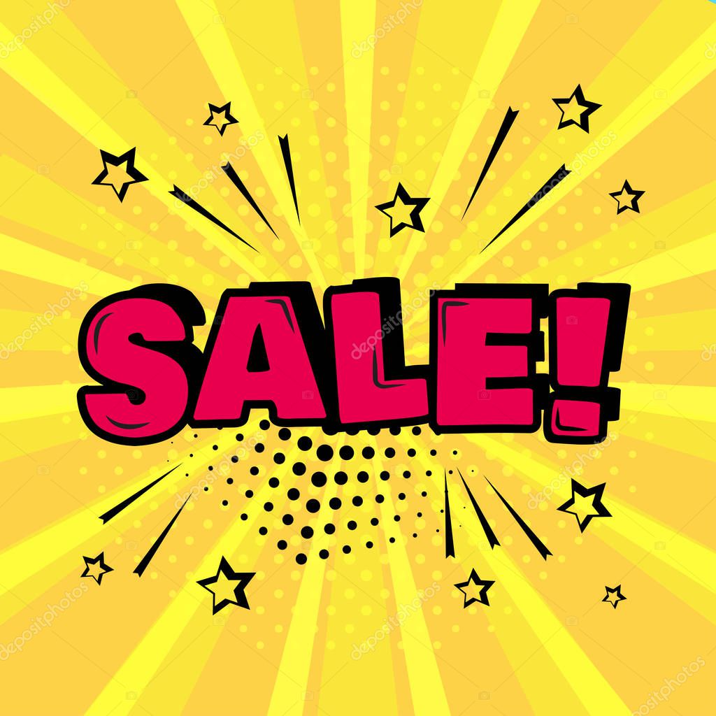Inscription SALE on yellow background. Comic sound effects in pop art style. Vector illustration