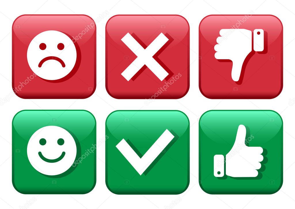 Set red and green icons buttons. Smileys emoticons positive and negative. Confirmation and rejection. Yes and no. Thumb up and down. Like and dislike. Vector illustration.