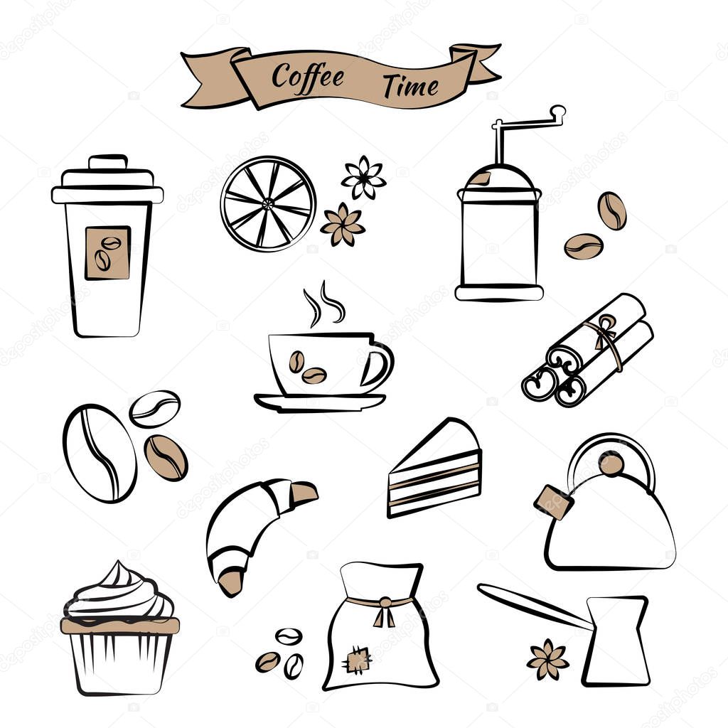 Set on coffee theme, black outline, vector illustration