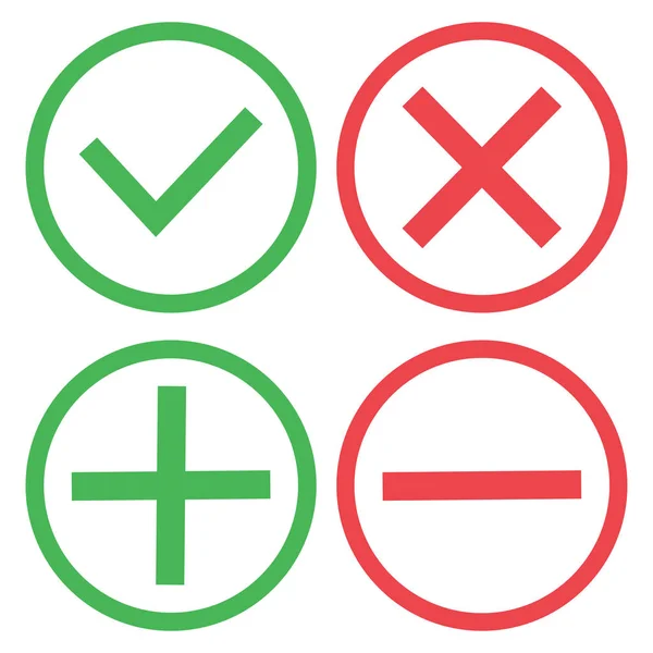 緑と赤のボタン 緑のチェック マークと赤十字社 プラス グリーンと赤のマイナス ベクトル図 — ストックベクタ