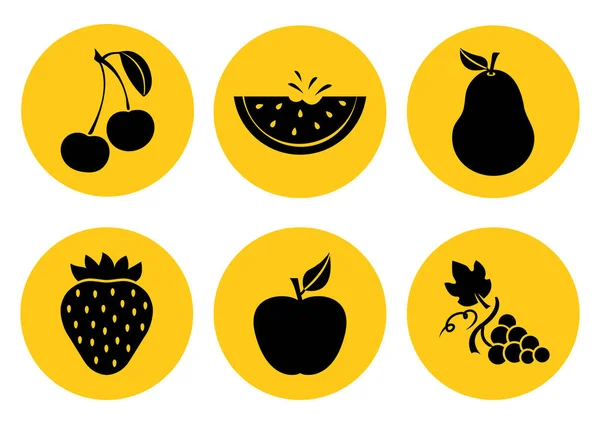 Ensemble Icônes Fruits Silhouette Noire Sur Fond Jaune Vif Illustration — Image vectorielle