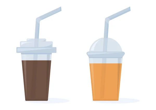 Café Jus Orange Ensemble Gobelets Plastique Avec Des Pailles Illustration — Image vectorielle