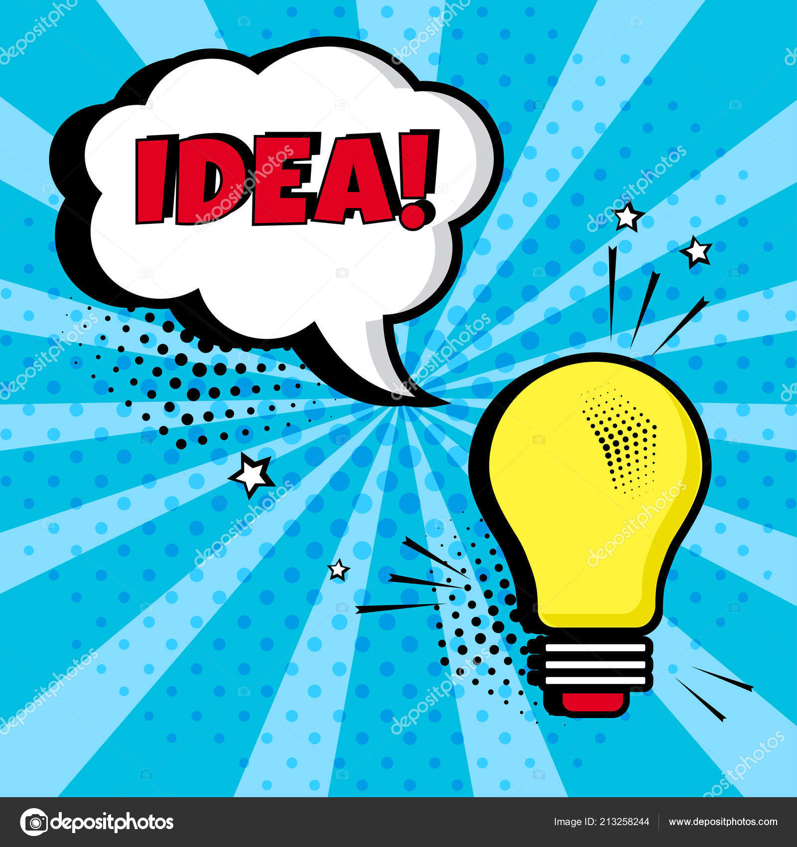 Lightbulb White Comic Bubble Idea Word Blue Background Comic Sound