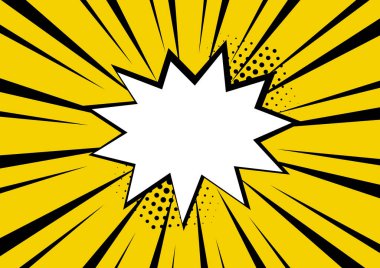 Yıldız ve nokta yellowe arka plan üzerinde beyaz boş konuşma komik balonu. Komik ses efektleri pop sanat tarzı. Vektör çizim.