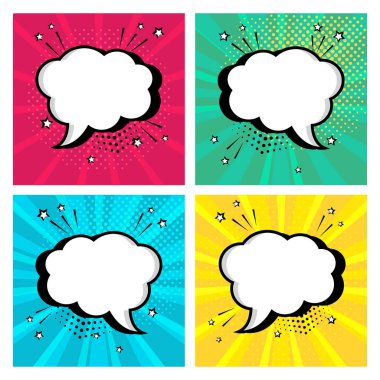 Beyaz boş konuşma balonları yıldız ve nokta pop sanat tarzı ile renkli set simgesi. Komik ses efektleri pop sanat tarzı. Vektör çizim