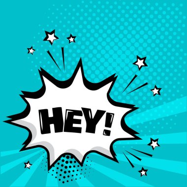 Hey Word mavi zemin üzerine beyaz çizgi roman kabarcık. Komik ses efektleri pop sanat tarzı. Vektör çizim.