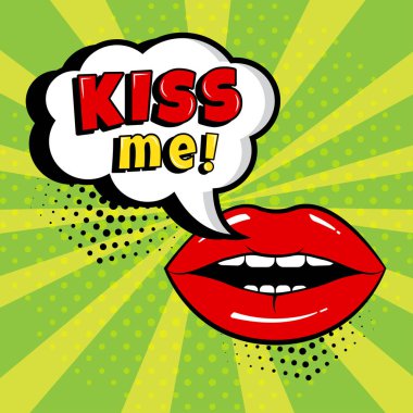 Beyaz çizgi roman kabarcık ile öp beni word ve kırmızı dudaklar üzerinde yeşil arka plan. Pop sanat tarzı kartı. Vektör çizim