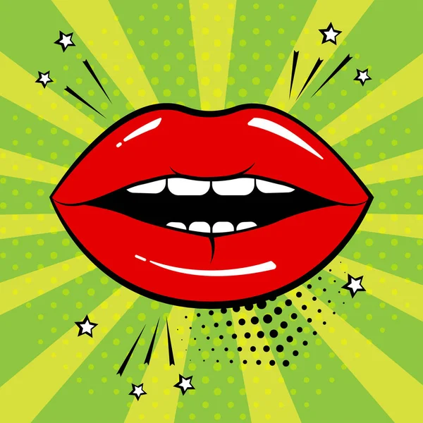 Lábios Vermelhos Fundo Verde Estilo Pop Art Ilustração Vetorial — Vetor de Stock