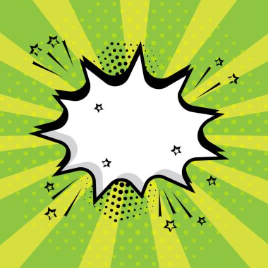 Yıldız ve nokta yeşil zemin üzerine beyaz boş konuşma komik balonu. Komik ses efektleri pop sanat tarzı. Vektör çizim.