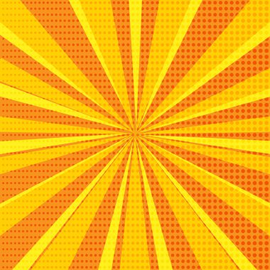 Pop sanat arka plan parlak turuncu güneş ışınları ve yarı ton noktaları ile. Vektör çizim