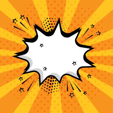 Yıldız ve nokta turuncu zemin üzerine beyaz boş konuşma komik balonu. Komik ses efektleri pop sanat tarzı. Vektör çizim.