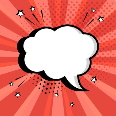Yıldız ve nokta kırmızı zemin üzerine beyaz boş konuşma komik balonu. Komik ses efektleri pop sanat tarzı. Vektör çizim.