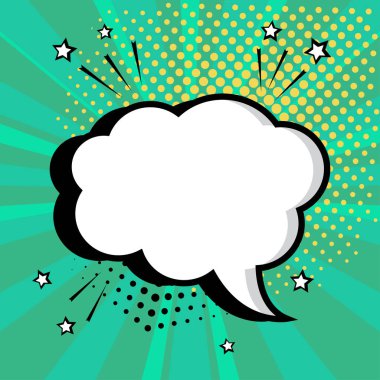 Yeşil zemin üzerine, metniniz için boş beyaz çizgi roman kabarcık. Komik ses efektleri pop sanat tarzı. Vektör çizim