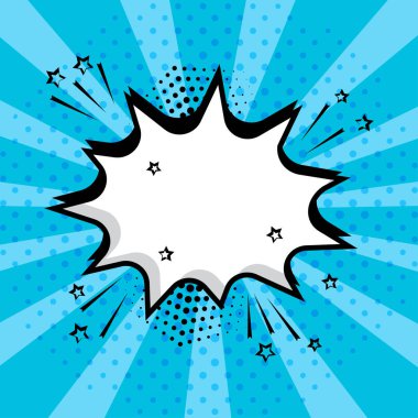 Yıldız ve nokta mavi zemin üzerine beyaz boş konuşma komik balonu. Komik ses efektleri pop sanat tarzı. Vektör çizim.