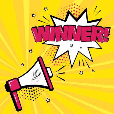 Pop sanat tarzı sarı arka plan üzerinde yazıt kazanan ile megafon ve konuşma balonu. Vektör çizim