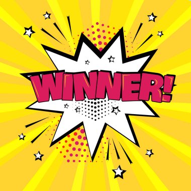 Kazanan Word sarı zemin üzerine beyaz çizgi roman kabarcık. Komik ses efektleri pop sanat tarzı. Vektör çizim.