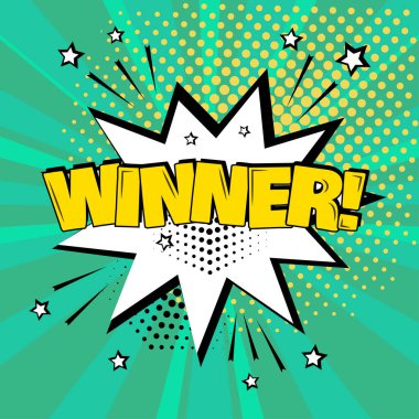 Yeşil zemin üzerine sarı kazanan kelime ile beyaz çizgi roman kabarcık. Komik ses efektleri pop sanat tarzı. Vektör çizim