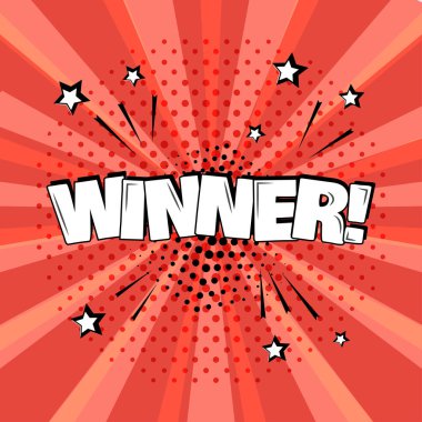 Kırmızı zemin üzerinde beyaz yazıt kazanan. Komik ses efektleri pop sanat tarzı. Vektör çizim.