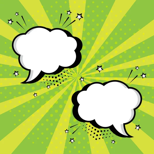 White empty speech comic bubbles with stars and dots on green background. Comic sound effects in pop art style. Vector illustration.