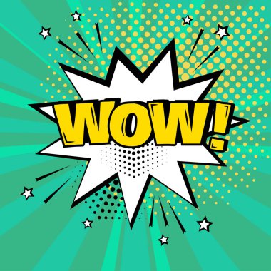 Yeşil zemin üzerine sarı Wow kelime ile beyaz çizgi roman kabarcık. Komik ses efektleri pop sanat tarzı. Vektör çizim.