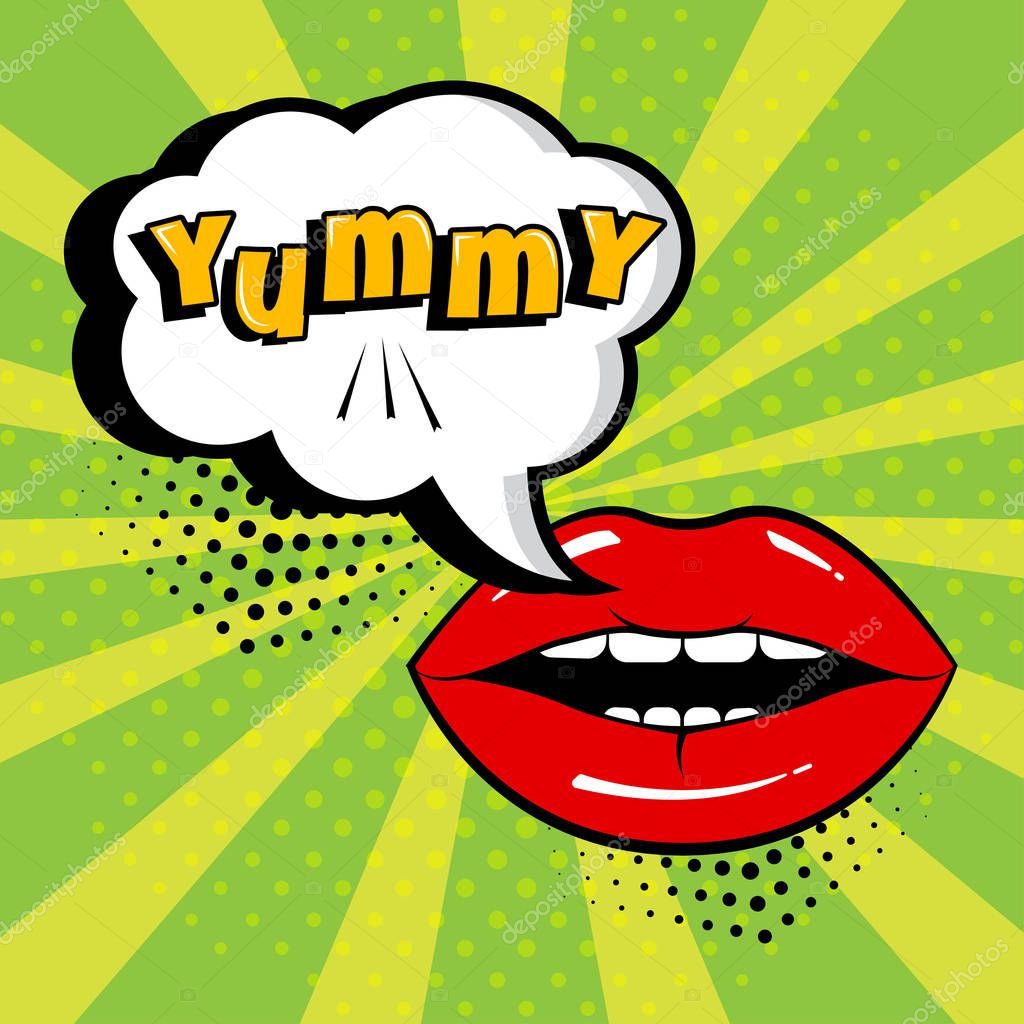 White comic bubble with YUMMY word and red lips on green background. Card in pop art style. Vector illustration