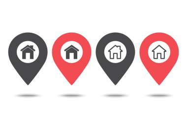 Evin konumu simgesi. Harita işaretçi. Kırmızı ve siyah pinswith gölge. Vektör çizim