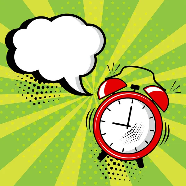 空の白い漫画バブルとポップアートのスタイルの緑の背景に赤の目覚まし時計 ベクトル図 — ストックベクタ