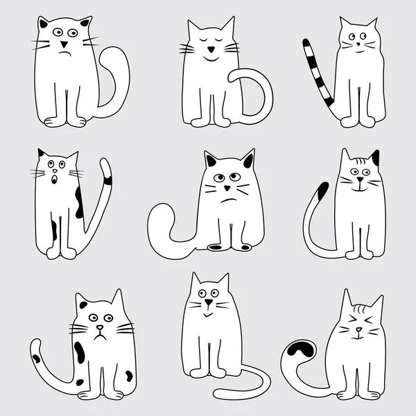 Black White Set Cartoon Cats Wits Different Emotions Hand Drawn — Stock Vector