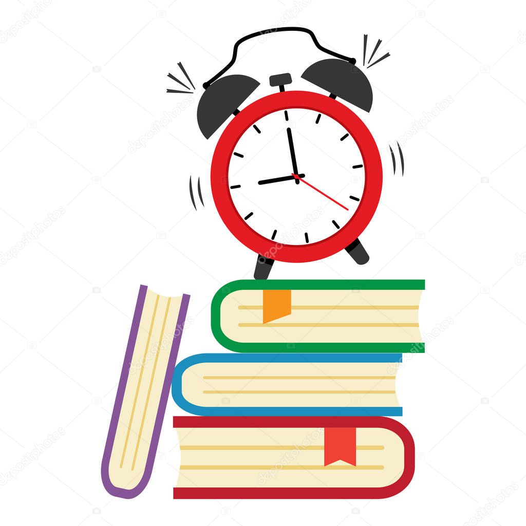 First day of school, Back to school. Red alarm clock and pile of colorful books. Vector illustration