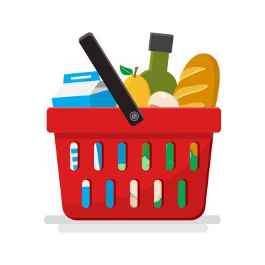 Süpermarket. Alışveriş sepeti yiyecek ile. Vektör çizim
