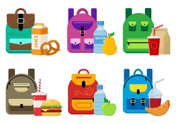 Mochilas Escolares Comida Para Almuerzo Ilustración Vectorial — Vector de stock