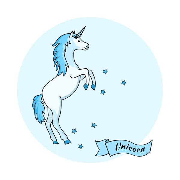 Unicorn Latar Belakang Biru Dengan Pita Dan Bintang Ilustrasi Vektor - Stok Vektor