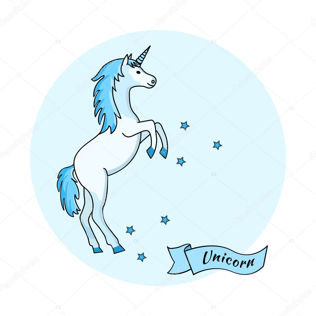 Unicorn on blue background with ribbon and stars, vector illustration
