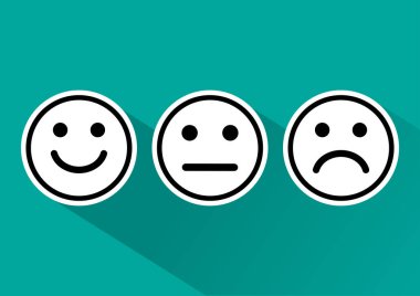 Smiley ifadeler simgesi olumlu, tarafsız ve negatif, farklı ruh turkuaz arka plan üzerinde siyah ve beyaz dizi. Vektör çizim
