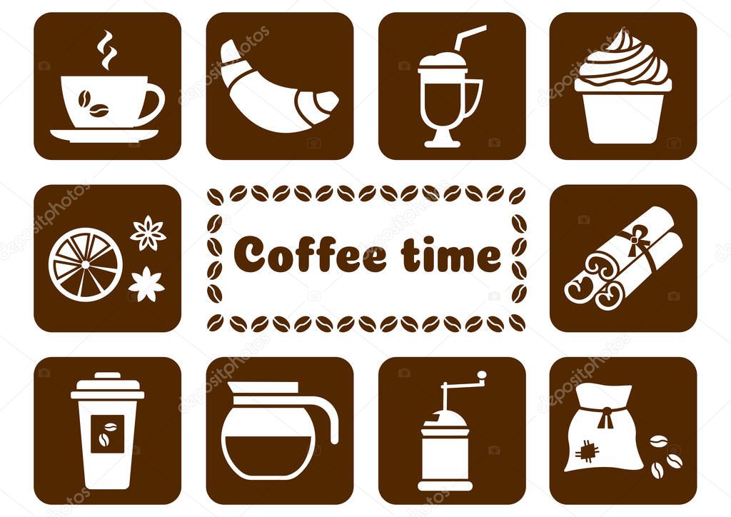 White set on brown background, icons on coffee theme. Vector illustration