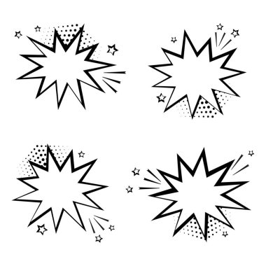 Siyah ve beyaz konuşma balonları metniniz için kümesi. Komik ses efektleri pop sanat tarzı. Vektör çizim