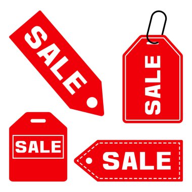 Satılık. Fiyat etiketi simge kümesi. Beyaz arka plan üzerinde izole kırmızı işaretler. Vektör çizim