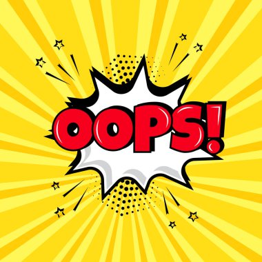 Oops Word sarı zemin üzerine beyaz çizgi roman kabarcık. Komik ses efektleri pop sanat tarzı. Vektör çizim